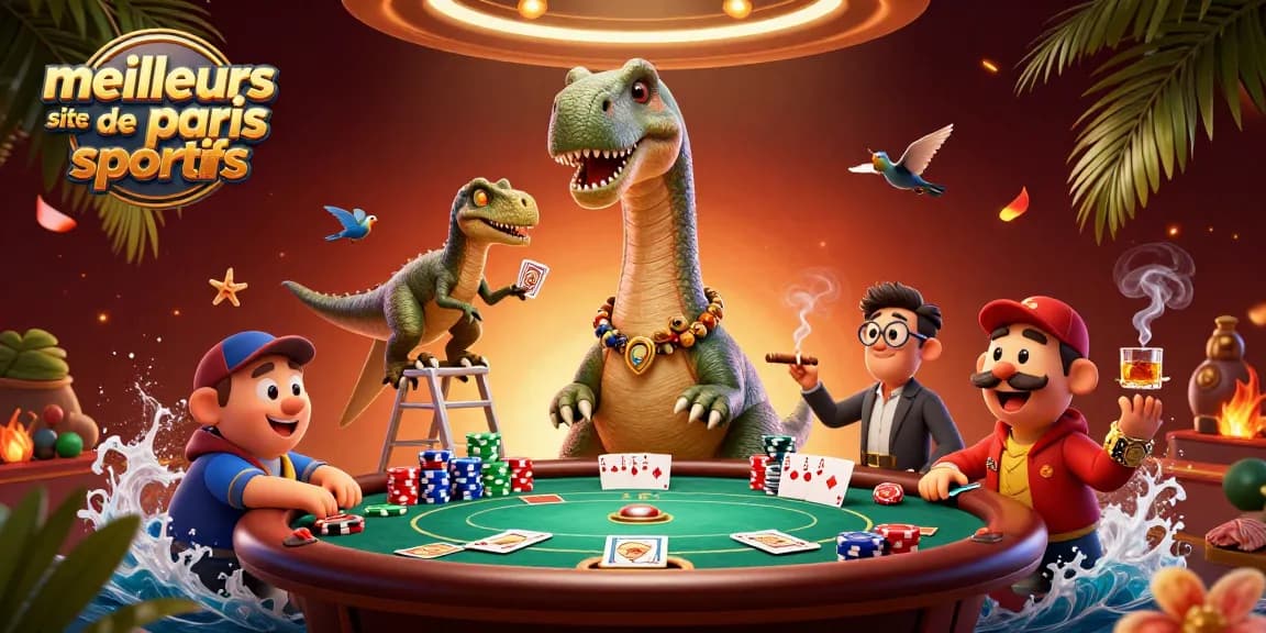Graphique d'une illustration 3D montrant le meilleur site de paris sportifs avec un brontosaurus et un raptor.