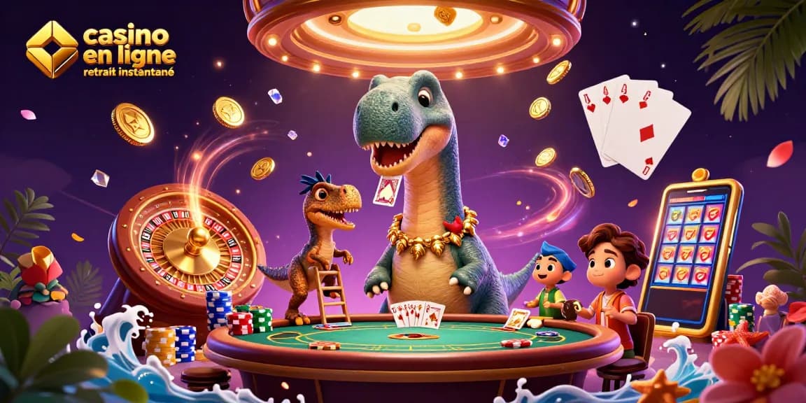 Jouer au casino en ligne avec des retraits instantanés dans une scène animée de dinosaures et de jeux d'argent, et des éléments exubérants.