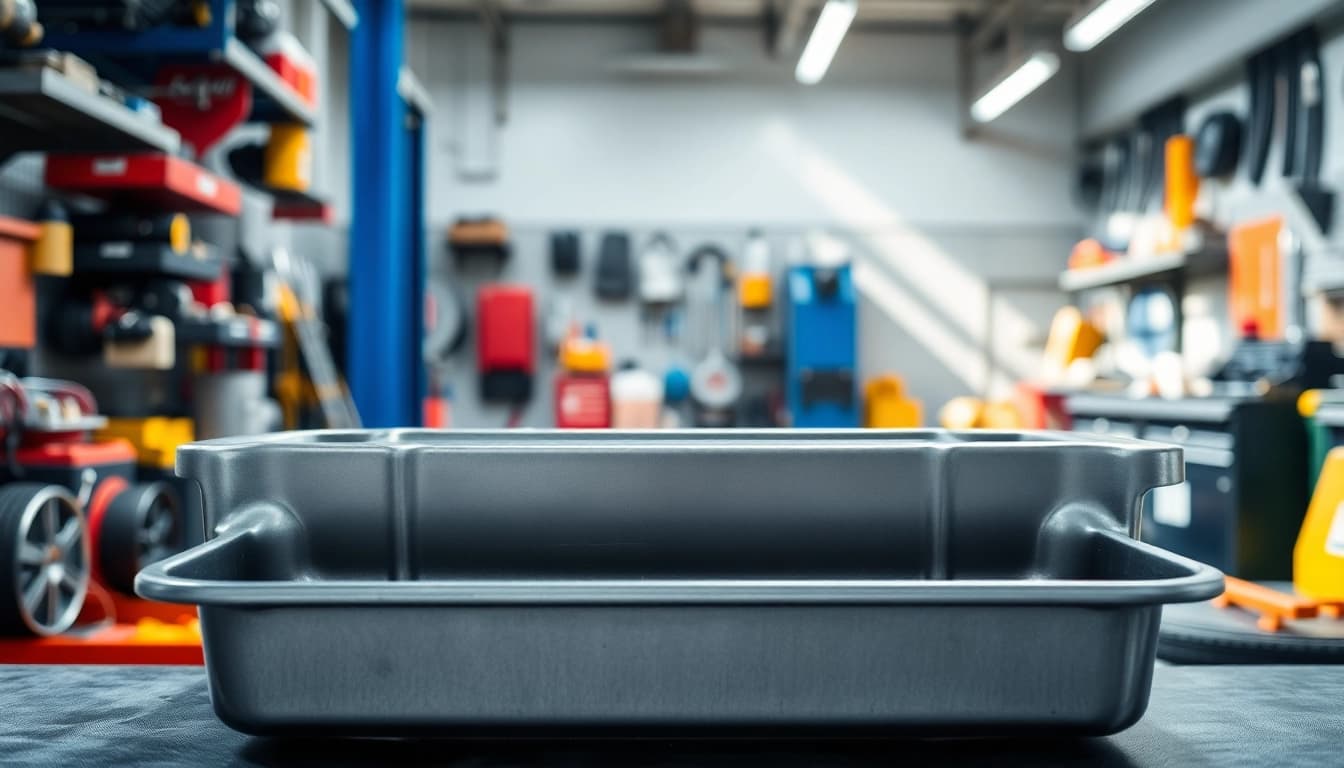 Efficient Oil Drain Pan ready for automotive fluid collection in a clean garage.