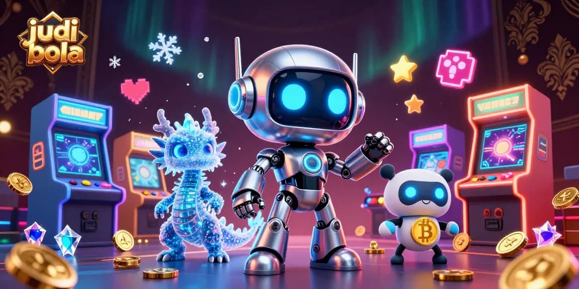 Engage in judi bola excitement with a cyberpunk robot mascot and vibrant gaming elements.