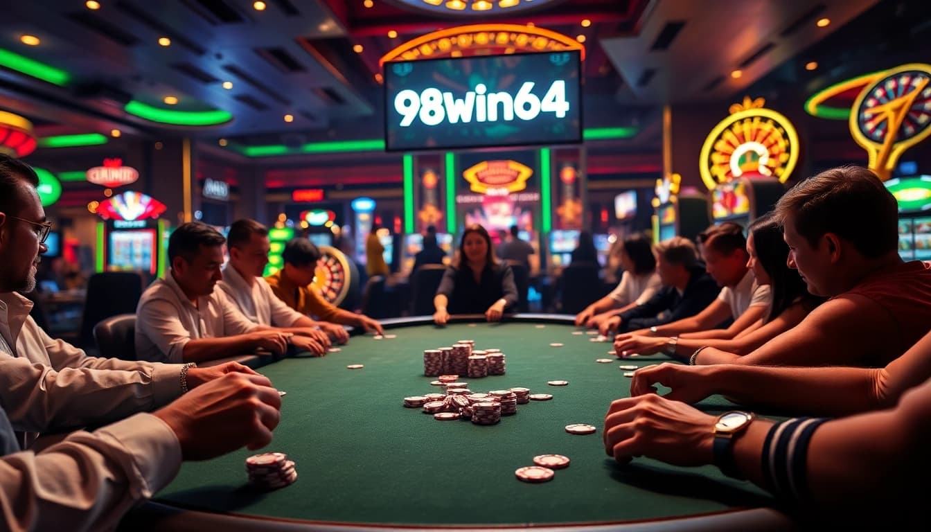 The thrill of gambling at 98win64's luxurious poker table with vibrant casino games around.