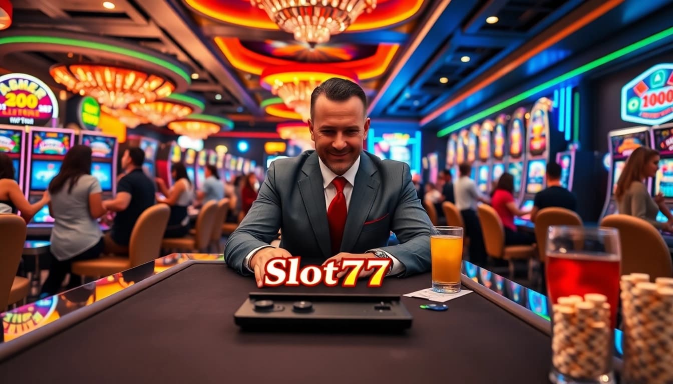 Menangkan Slot77 dalam suasana kasino yang vibrant dengan mesin slot dan pemain.