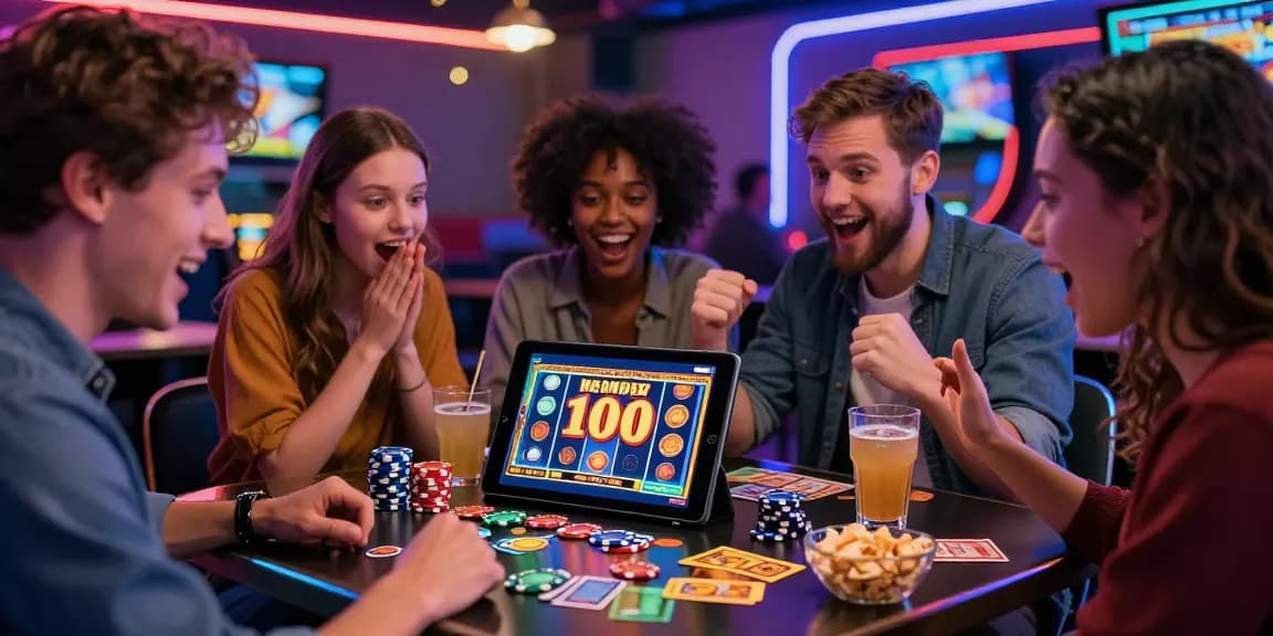 Excited friends enjoying slot games with slot bonus new member 100 displayed on tablet, vibrant casino atmosphere and social fun.