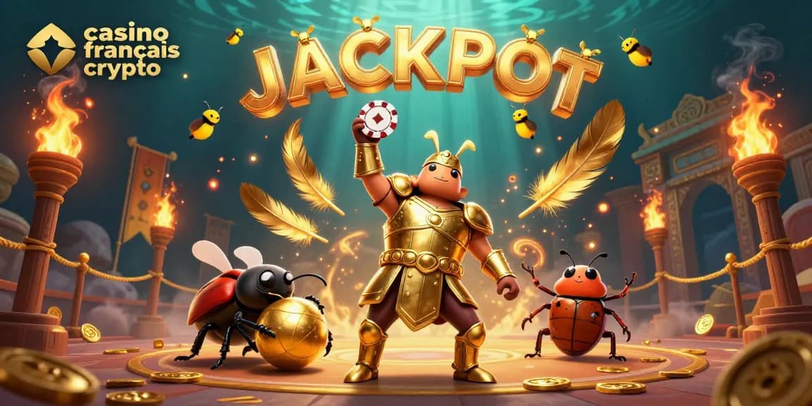 Jouez au casino français crypto avec un scarabée en armure d'or levant un jeton de poker.