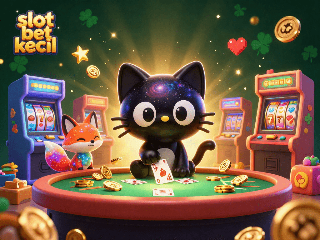 Experience thrilling slot bet kecil action with a cosmic casino cat and fox, surrounded by vibrant arcade games.