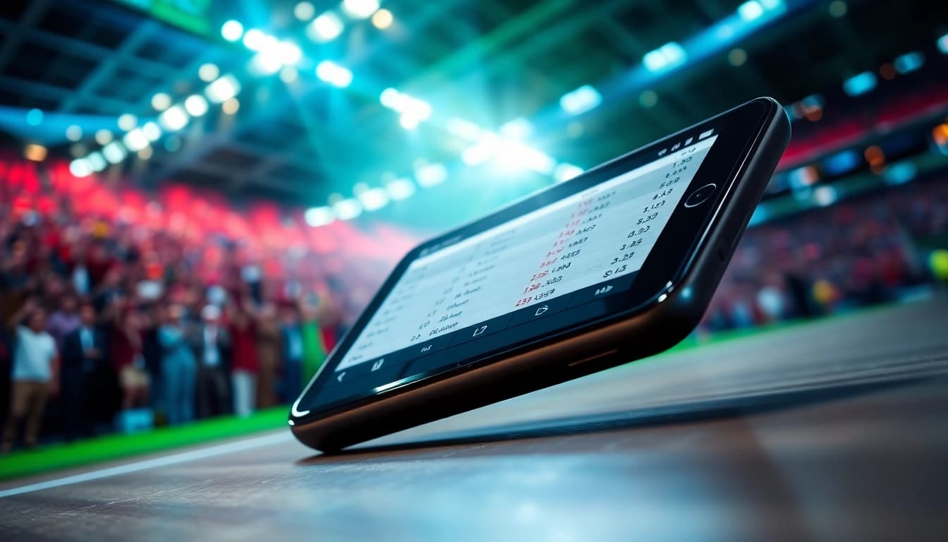Engaging view of best sports betting sites in Brazil on a smartphone amidst a cheering stadium backdrop.