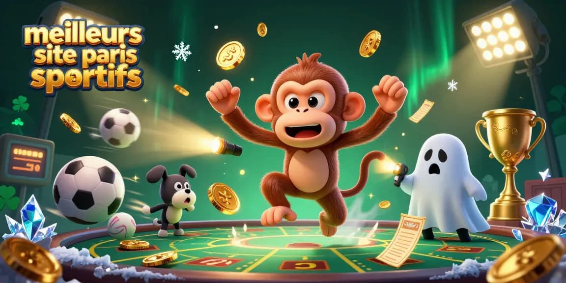Meilleurs site de paris sportifs illustré avec un singe poltergeist jouant au casino, accompagné d'un chiot chasseur de fantômes.