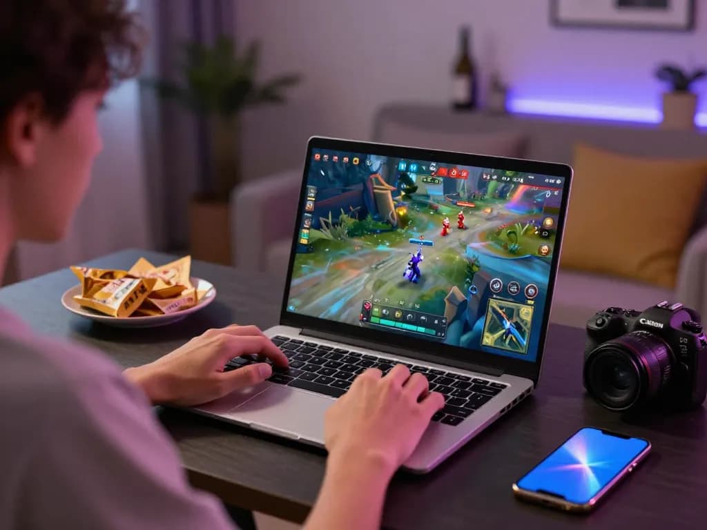 Engaging in an nsfw game on a sleek laptop setup, showcasing colorful gameplay and a cozy atmosphere.