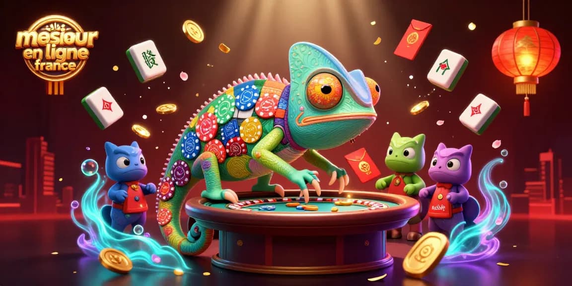 Découvrez les jeux de hasard au meilleur casino en ligne France avec un caméléon coloré et des éléments dynamiques.