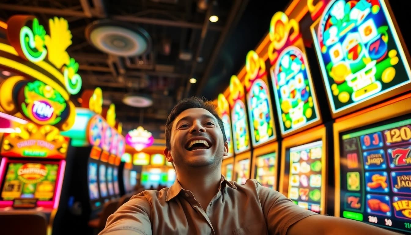 Rayakan kemenangan jackpot di mesin-mesin slot ANEKA4D yang berwarna-warni dengan para pemain yang menikmati permainan seru.
