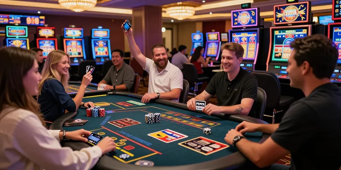 Excited players at a vibrant online casino with credit cards visible, enjoying games that accept credit cards.