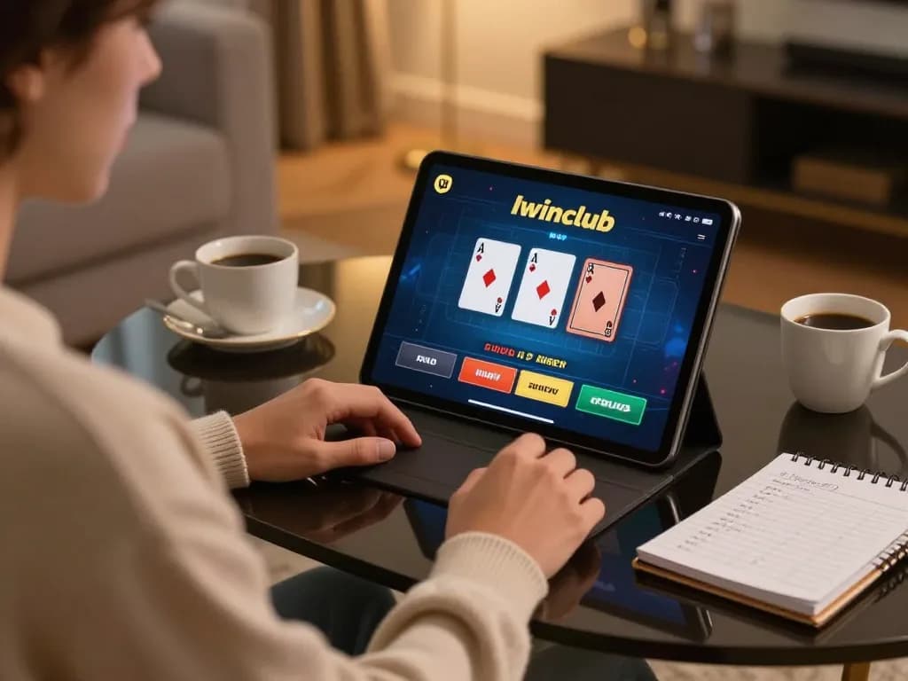 Player enjoying live dealer blackjack on Iwinclub tablet, showcasing strategic gameplay and a cozy atmosphere.
