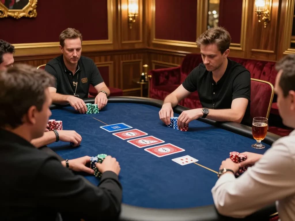 Players engaged in a high-stakes poker game at 388bet's exclusive VIP section, showcasing a winning hand and vibrant atmosphere