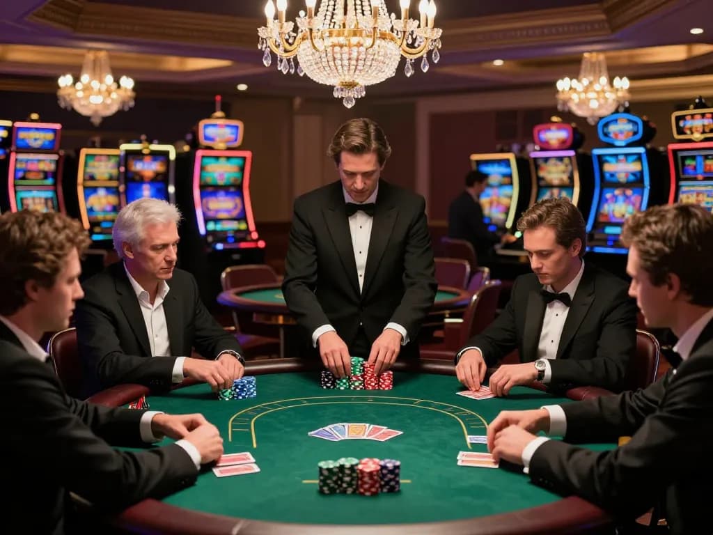 Players engage in a high-stakes poker game at 58win casino, showcasing intense strategies and vibrant casino ambiance.