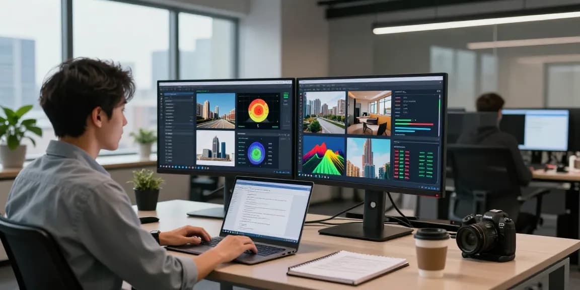 AI detector demonstration with data scientist analyzing images in modern office.