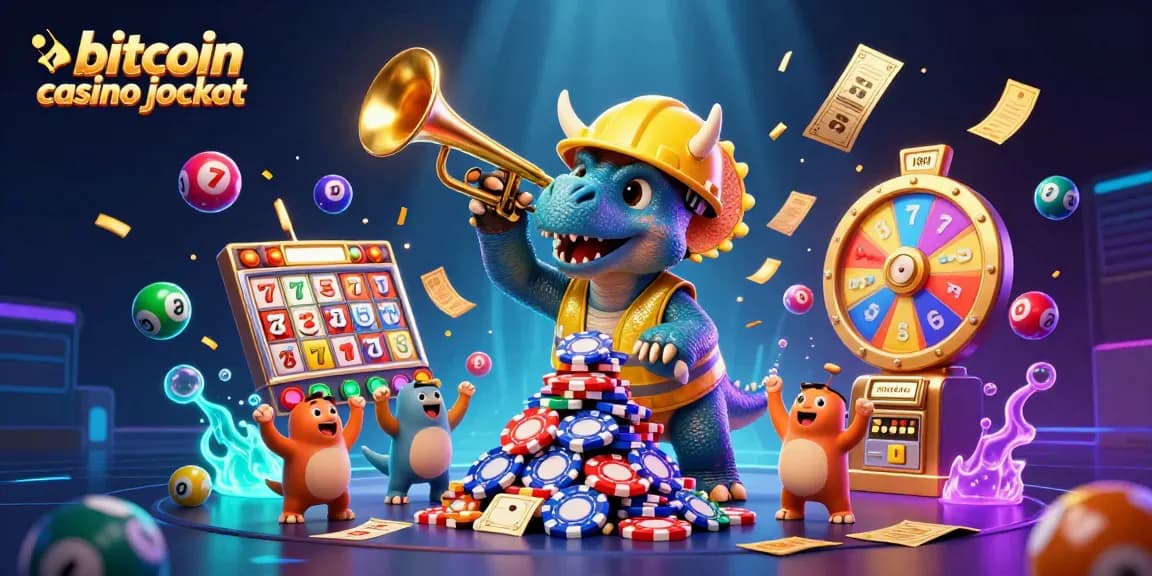 Experience the excitement of bitcoin casino jackpot with vibrant slot reels and energetic characters celebrating wins.