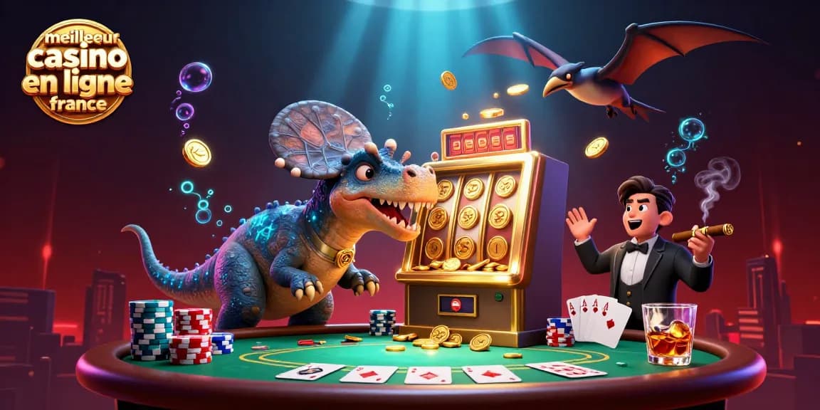 Illustration dynamique de meilleur casino en ligne France avec un pachycephalosaurus et des machines à sous.
