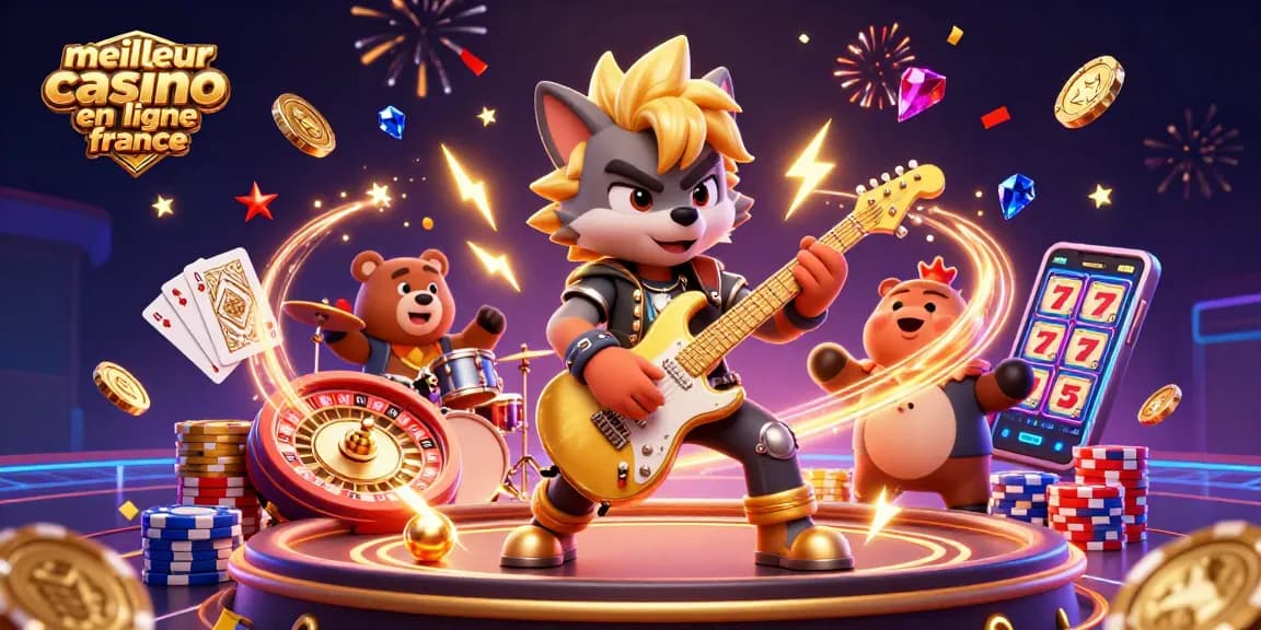 Scène dynamique d'une superstar rock 3D en cartoon sur scène de casino, mettant en avant le meilleur casino en ligne France.