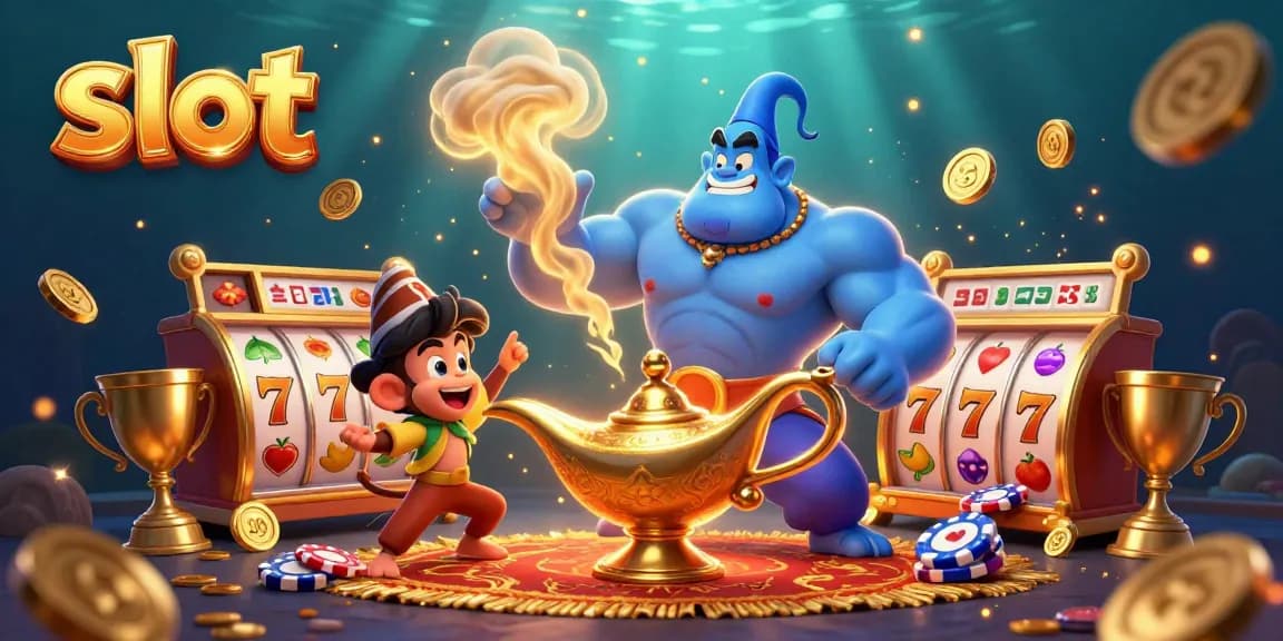 Experience thrilling slot adventures with this captivating illustration featuring a busy genie, monkey, and dynamic slot elements.