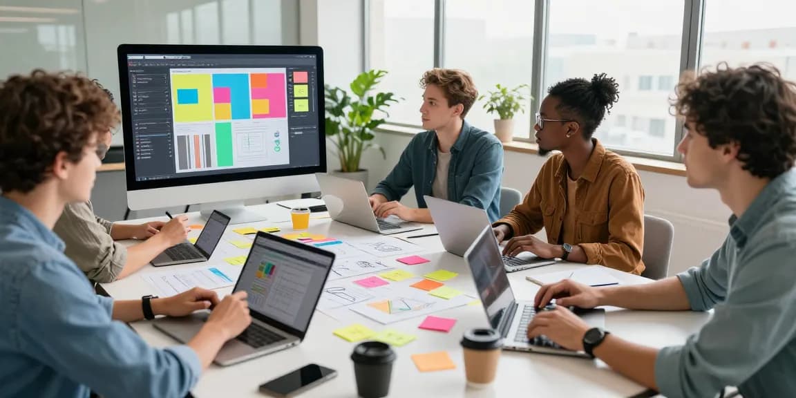 Diverse team collaborating on a mixboard in a modern workspace, visualizing creative ideas.