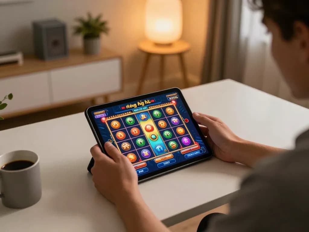 Engaging in nổ hũ gameplay on a tablet, showcasing a vibrant slot game at home