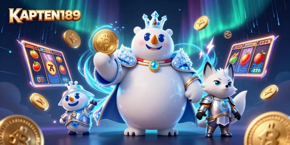 KAPTEN189 menampilkan slot online dengan raja beruang kutub dan rubah salju yang dikelilingi koin Bitcoin dan Ethereum.