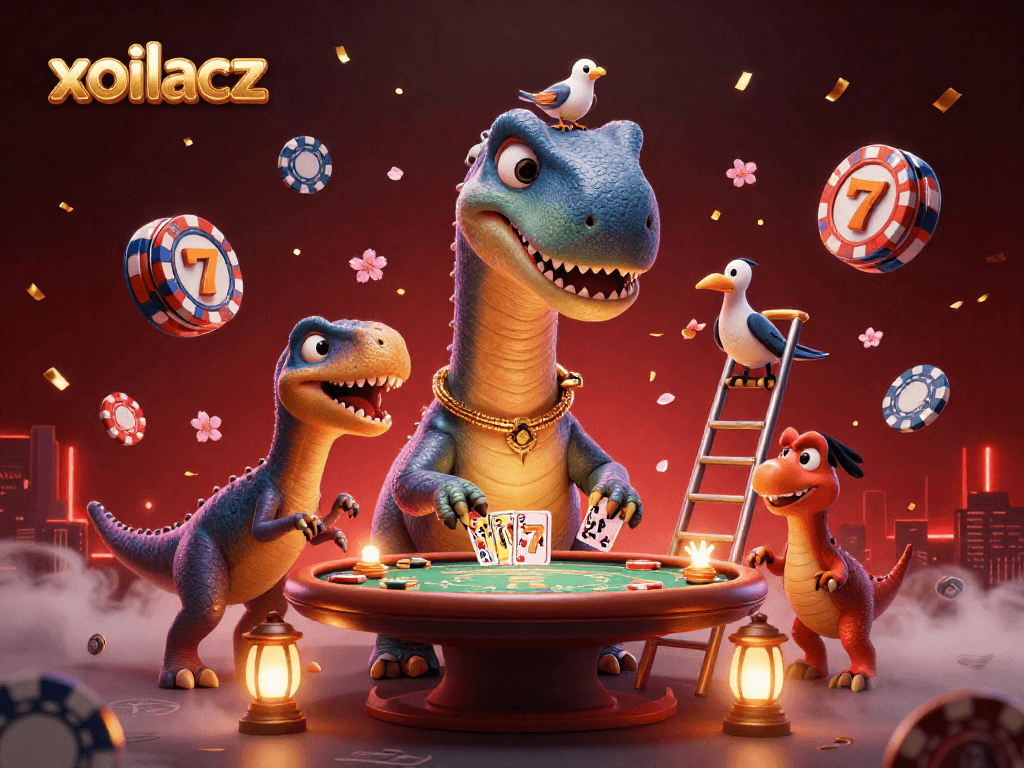 Xoilacz takes center stage in a dynamic casino scene with a brontosaurus and raptor engaging in poker.