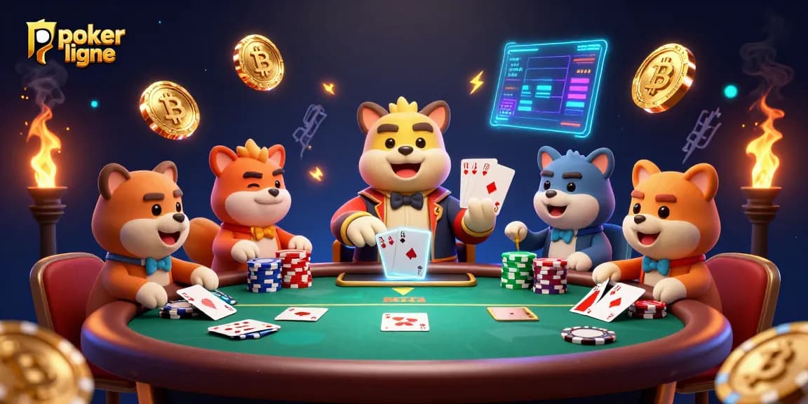 Jouez au poker en ligne avec des jetons animés et une main royale dans un casino dynamique.