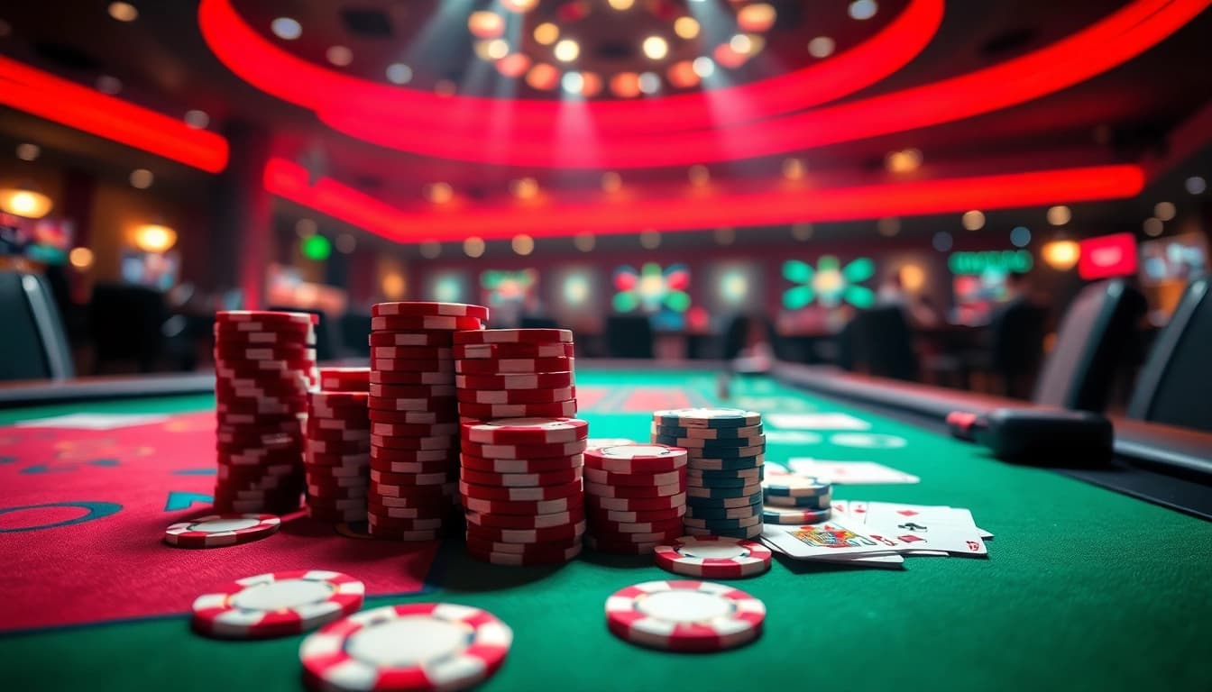 Giliran menang di meja poker dengan bbni4d yang menonjol dan lampu cemerlang.