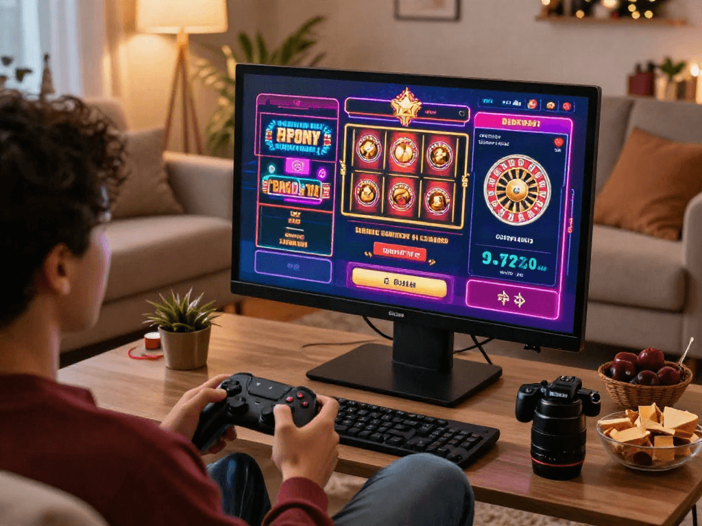 Engaging online casino experience with games like slots and blackjack on screen while gaming at home.