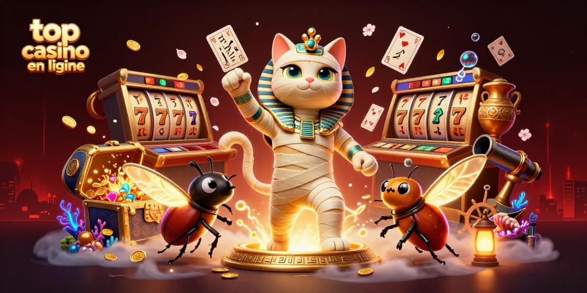 Meilleur casino en ligne : illustration dynamique avec une momie et des éléments de jeu captivants.