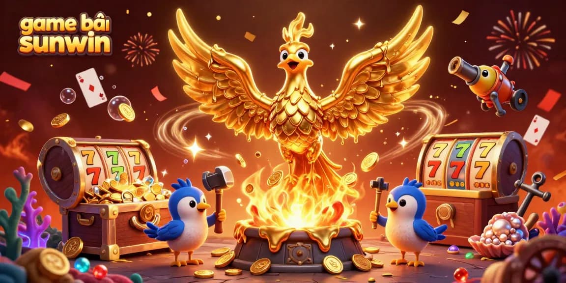 Engage with game bài sunwin, featuring golden phoenix and rich casino elements amidst vibrant celebrations.