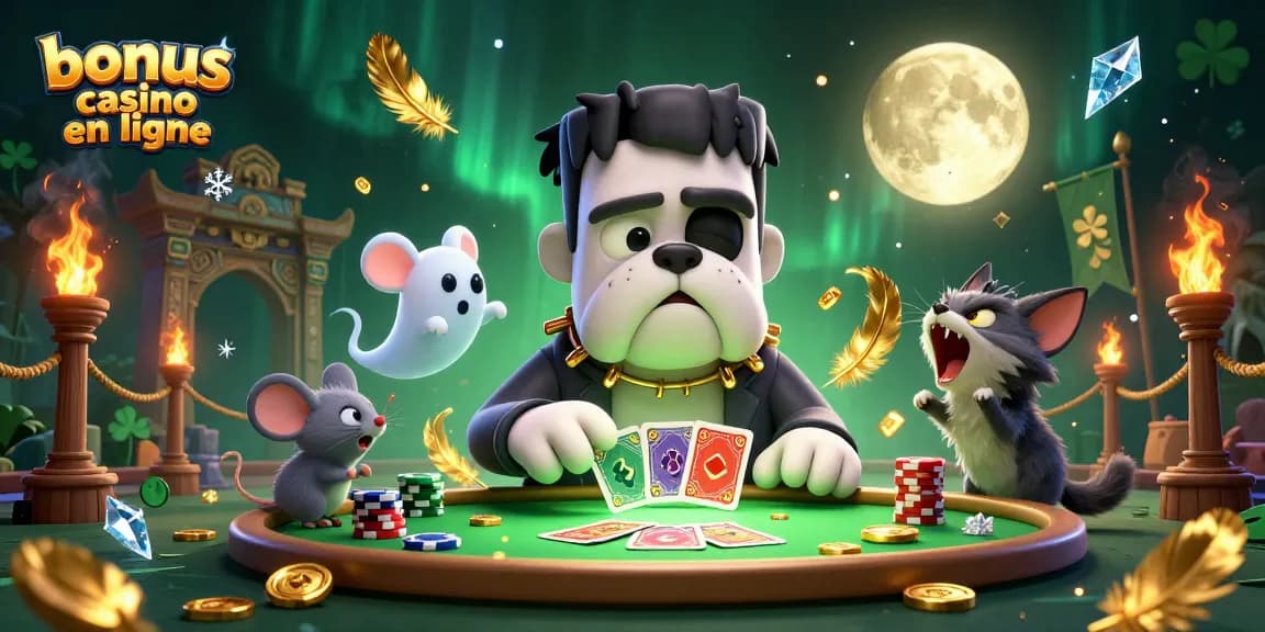 Connaître le bonus casino en ligne avec un chien monstre et une ambiance ludique, jouant aux cartes.