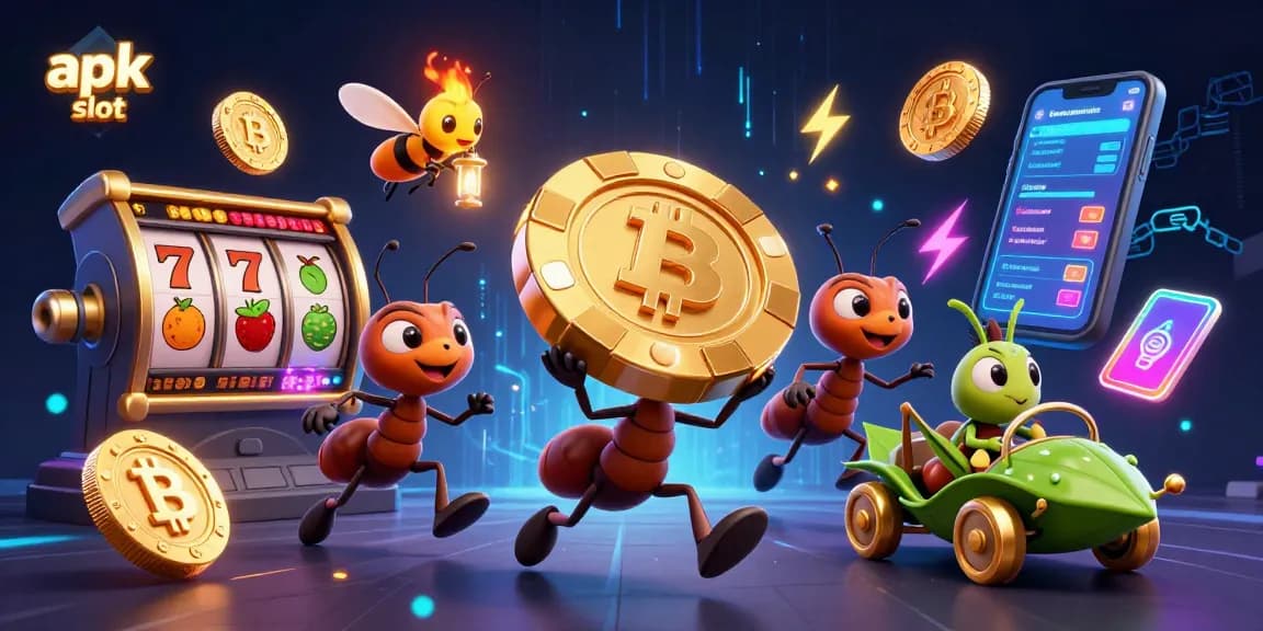 Ant-ant kecil beraksi membawa chip poker emas sambil mengeksplorasi dunia slot apk slot yang menakjubkan.