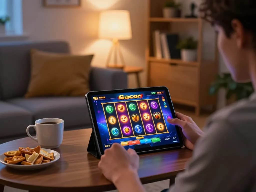 Engaging scene of a player enjoying slot gacor game on a tablet at home, emphasizing responsible gaming.