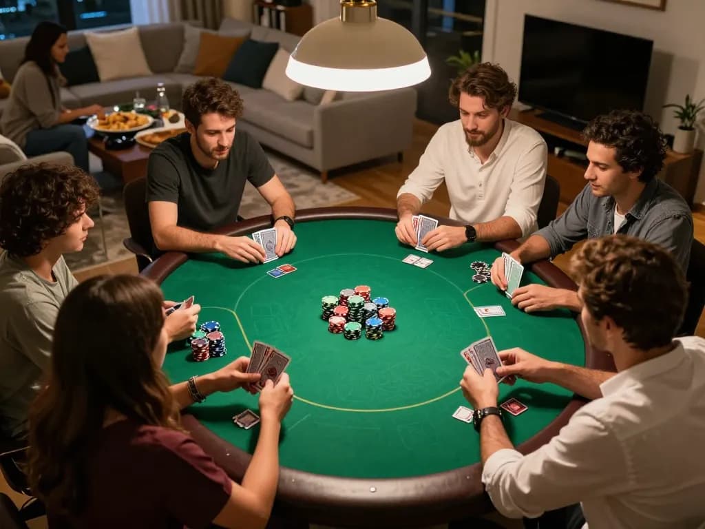 Play slot online in a dynamic home poker night setting, highlighting strategic gameplay and social fun with friends.