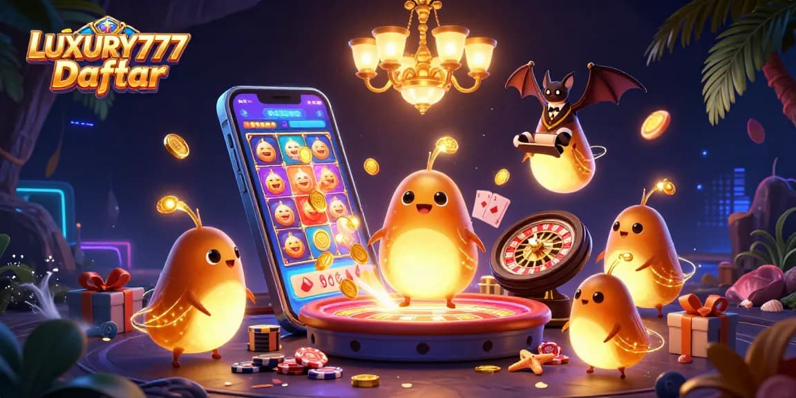 Permainan di LUXURY777 Daftar yang menyenangkan ditampilkan dalam ilustrasi kasino bergaya kartun 3D.
