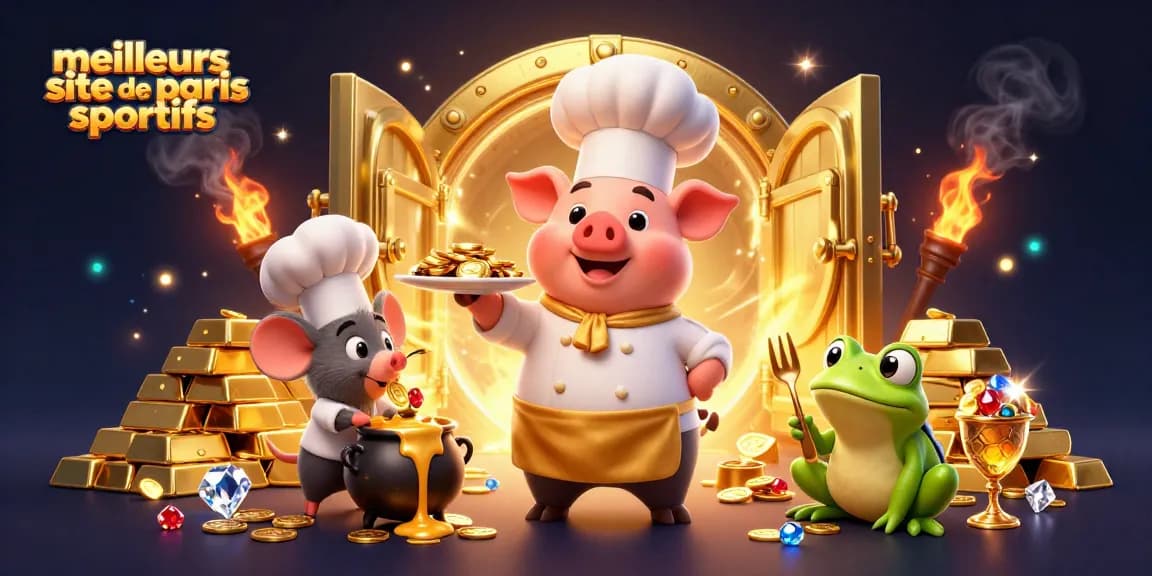 Découvrez les meilleurs sites de paris sportifs avec un chef cartoon servant des pièces d'or.