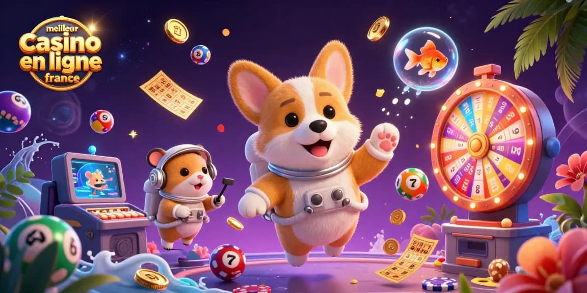 Découvrez une illustration 3D captivante pour le meilleur casino en ligne France avec des personnages de jeu et des éléments dynamiques.