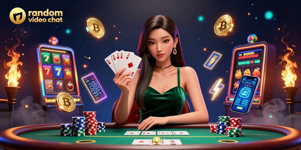 Engage in random video chat while exploring vibrant gambling elements featuring slot reels and poker dynamics.