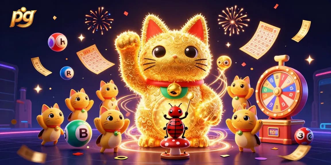 Engage with pg gaming visuals featuring a golden lucky cat and vibrant casino elements.