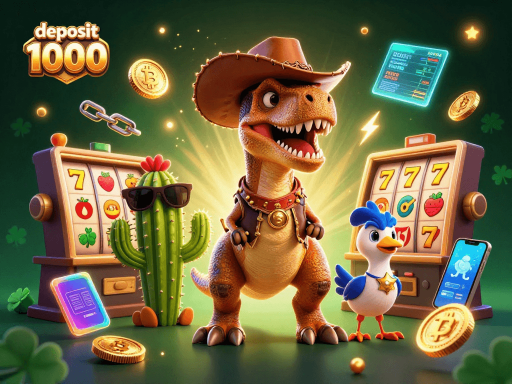 Menangkan permainan dengan deposit 1000 di kasino, dikelilingi mesin slot dan koin kripto.