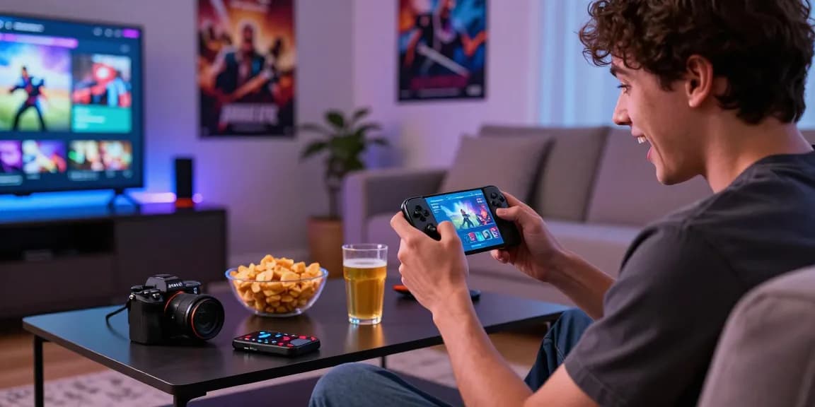 Kudaliar89 dimainkan di smartphone dalam suasana santai dengan pencahayaan hangat dan perangkat gaming di sekitarnya.