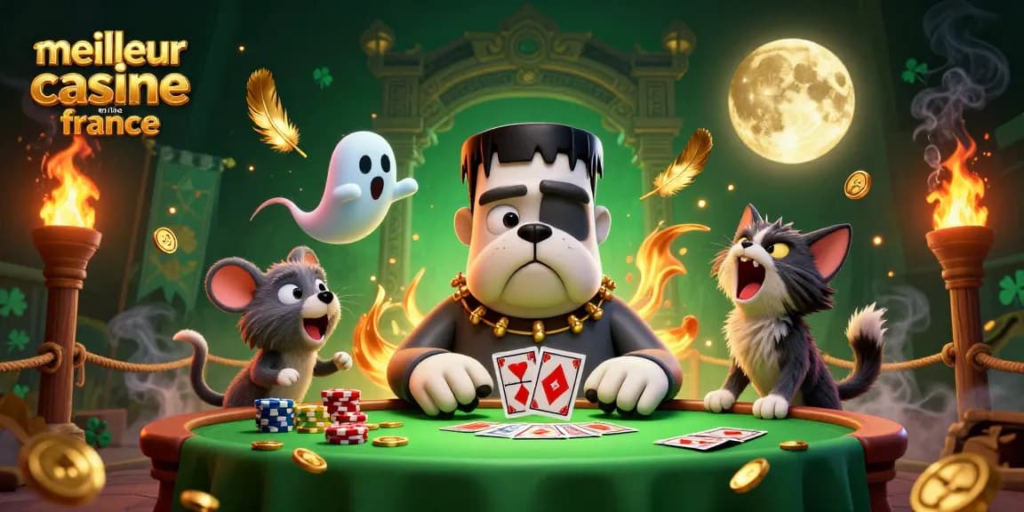 Jouez au meilleur casino en ligne France avec un énorme bulldog Frankenstein qui distribue des cartes.
