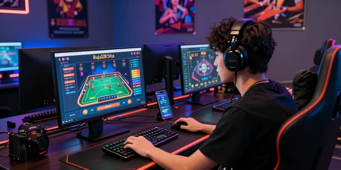 Engaging user at raja328 situs online gaming platform in a modern setup.