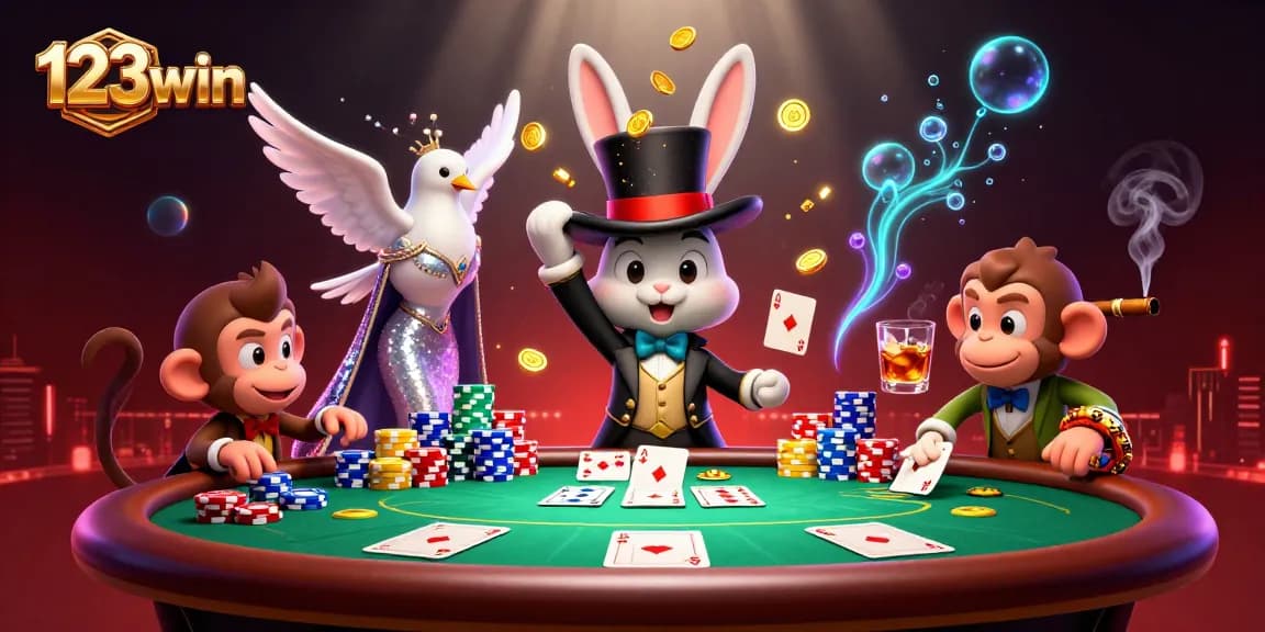 Experience thrilling gameplay at 123win with a lively 3D scene featuring a magician rabbit and poker action.