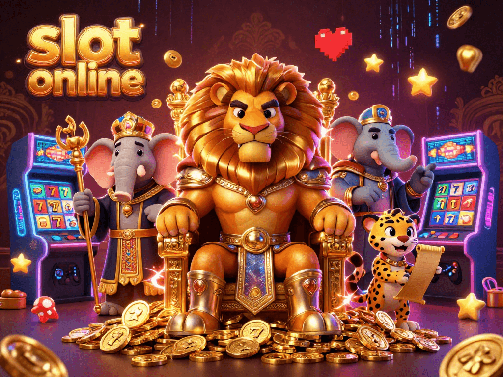 Engage with slot online gaming through this vibrant illustration featuring a lion king and energetic elements.