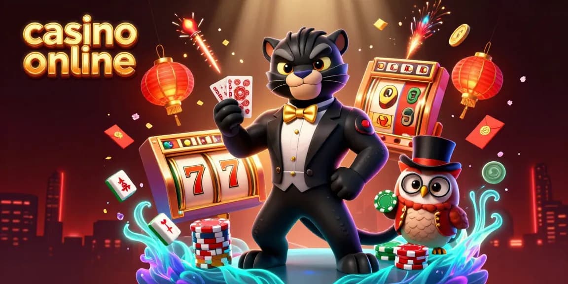 Participez à des moments de plaisir excitants dans un casino en ligne avec un croupier panthère élégant, des jetons colorés et des éléments de jeu vibrants.