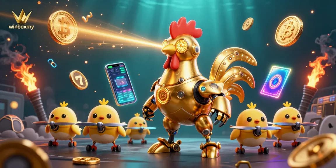 Experience the excitement of winboxmy with dynamic 3D golden rooster robot in a vibrant casino atmosphere.