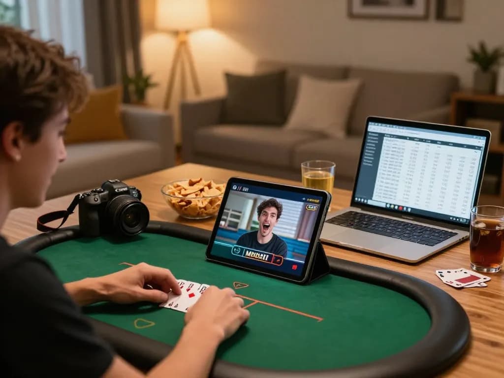 Player enjoying online poker at 100cuci with tablet in a cozy home setting.